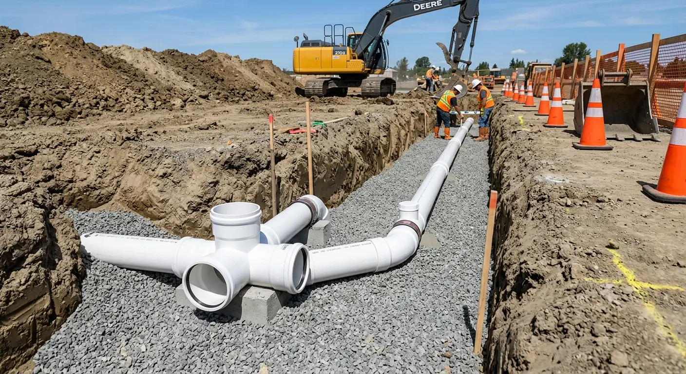 New PVC sewer pipe installation in open trench for Grease Trap Cleaning in Ocean Pointe