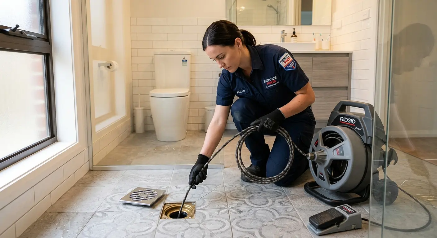Technician clearing a bathroom floor drain for Drain Cleaning in Ocean Pointe